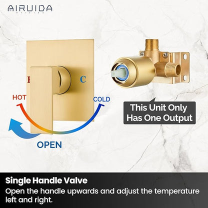Airuida Square Single-Function Brass Faucet Shower Rough-in Valve Male Thread Bathroom Trim Kit Single Handle Tub Shower Valve 4.3 Inch Cover Plate Brushed Gold