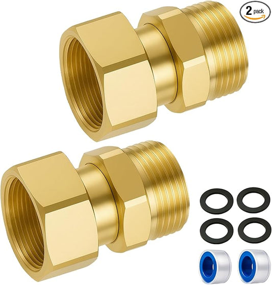 2 Pack Garden Hose Swivel Connector, 3/4" GHT Brass Swivel Hose Connector, 360° Male to Female Hose Adapter, Anti-Kink Garden Hose Fittings, No-Leak Design with Washer and PTFE Tape
