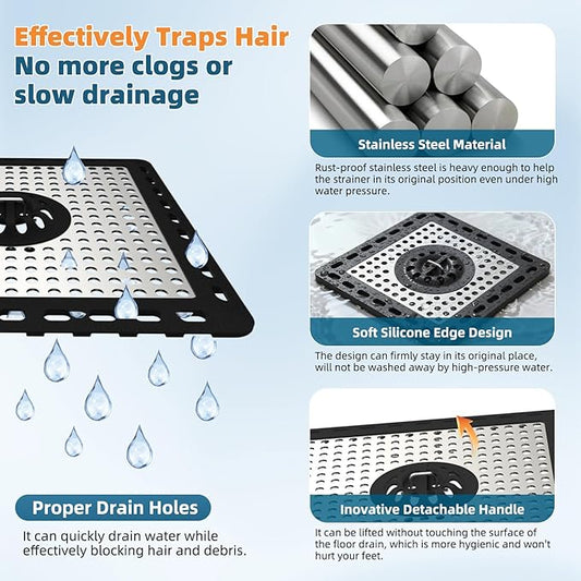 Hibbent Upgraded Shower Drain Hair Catcher, Shower Drain Cover for Bathroom Floor 6" Drain, Anti-Clogging Bathtub Drain Strainer, Stainless Steel Kitchen Sink Drain Strainer with Handle, Black