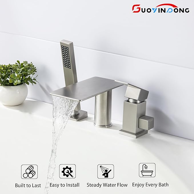 Waterfall Roman Tub Faucet with Sprayer, Deck Mount Tub Faucet Single Handle 3 hole Roman Tub Faucet High Flow Bathtub Faucet Set, Brushed Nickel