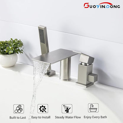 Waterfall Roman Tub Faucet with Sprayer, Deck Mount Tub Faucet Single Handle 3 hole Roman Tub Faucet High Flow Bathtub Faucet Set, Brushed Nickel
