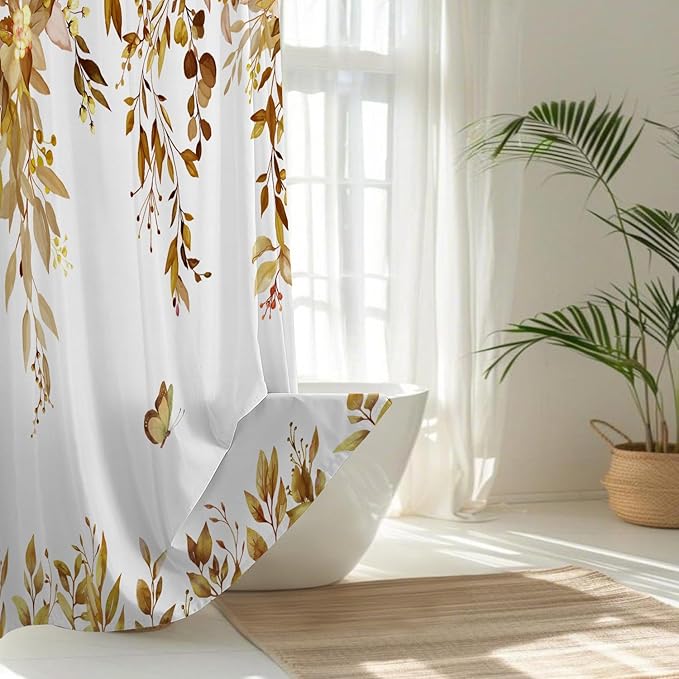 No Hook Shower Curtain and Liner Set, Yellow Eucalyptus Floral Shower Curtains for Bathroom, Bath Curtain Sets with Snap in Liner, Waterproof with See Through Top Window, 71x74 Inches