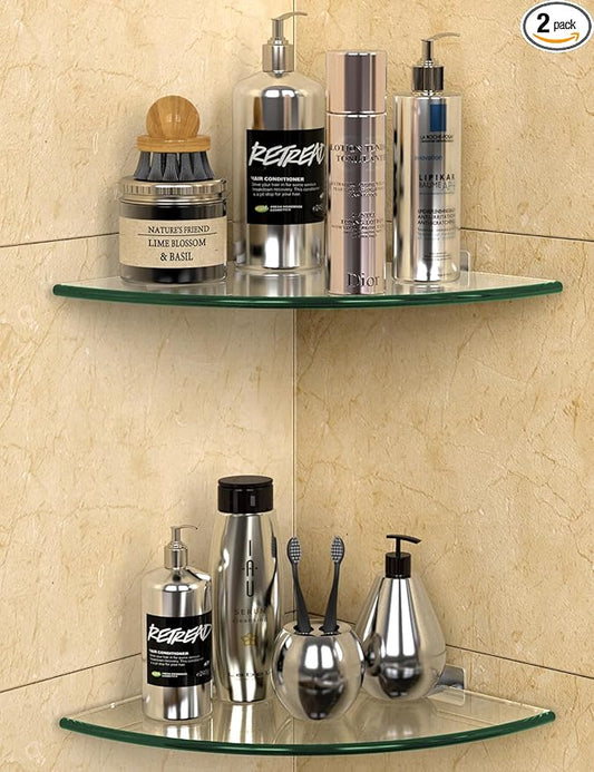 Glass Corner Shower Shelves (2-Pack) - No-Drill Shower Caddy Organizer & Bathroom Storage, Tempered Glass with Rustproof Aluminum Brackets for Inside Shower