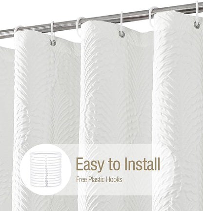 Gibelle Long Shower Curtain 72 x 78, Tall 3D Embossed Textured White Fabric Shower Curtain, Modern Farmhouse Chic Soft Cloth Bathroom Curtains Shower Set with Hooks