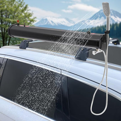 TFCFL 7.93 Gallon Roof Rack Mount Road Shower, High Pressure Outdoor Camping Shower with Long Hose, Portable Camping Solar Shower for Camping, Hiking, Beach, Pet & Gear Cleaning, Black
