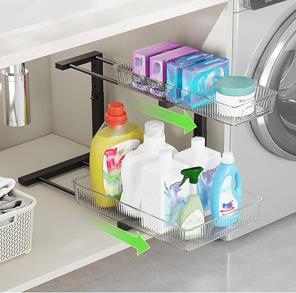 2 Pack Under Sink Organizer, 2 Tier Pull Out Storage Organizer, Slide Out Storage Shelf for Bathroom & Kitchen, Under Cabinet Organizer and Storage with 5 Gears Height Adjustable (Black)