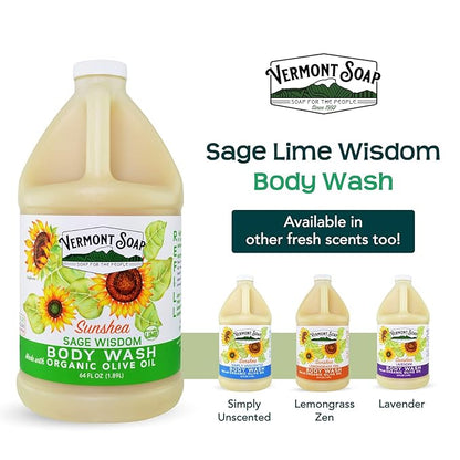 VERMONT SOAP , Natural body wash with Shea Butter, Mild Gel for Moisturizing and Soothing Skin, Fragrance Free for Women & Men (Sage Lime Wisdom, 64oz)