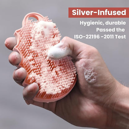 Silicone Body Scrubber Silver-Infused Dual-Sided 3-in-1 for Shower, Body Cleaning+Massage+Exfoliator Body Brush Buffer for Men and Women, Silicone Loofah, Non-Slip Handle (Pink)