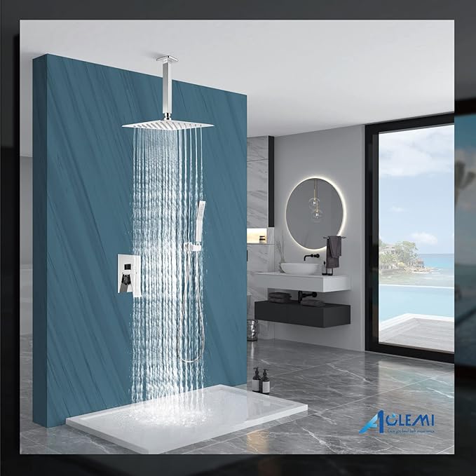 Aolemi Ceiling Mount Shower System Rain Shower Head with Handheld Spray High Pressure Shower Faucet Set Rough-in Valve Shower Trim Kit Included Bathroom Polish Chrome 12 Inch Ceiling Shower Head