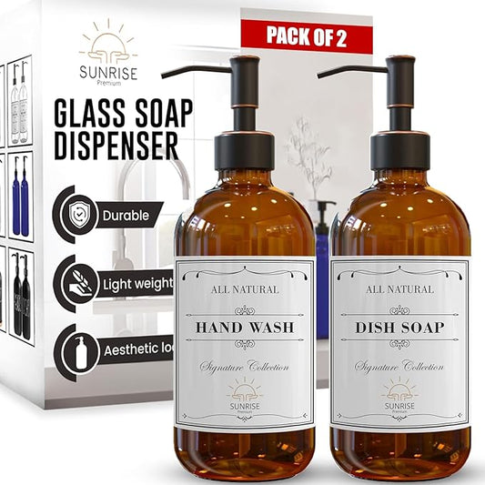 2 Pack Amber Glass Soap Dispenser 16 OZ with Oil Rubbed Bronze Stainless Steel Pump, Hand and Dish Soap Dispenser Set for Bathroom and Kitchen Sink with 6 Waterproof Labels