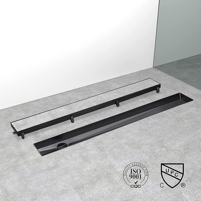 Offset Linear Shower Drain, Black Shower Drain 32 inch with 2-in-1 Tile Insert Cover, Brushed 304 Stainless Steel Side Outlet Black Shower Floor Drain with Hair Catcher and Adjustable Feet