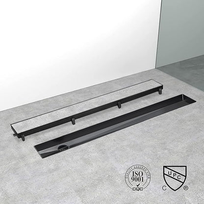 Offset Linear Shower Drain, Brushed 304 Stainless Steel Side Outlet Black Floor Drain with Hair Catcher and Adjustable Feet (48 inch)