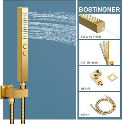Shower System Brushed Gold Shower Faucets Sets, Bostingner 10" Rain Shower Head with 2 In 1 Handheld Spray and 4 Body Jets, Wall Mounted All Metal 3 Way Shower Set with Rough-in Valve and Trim Kit