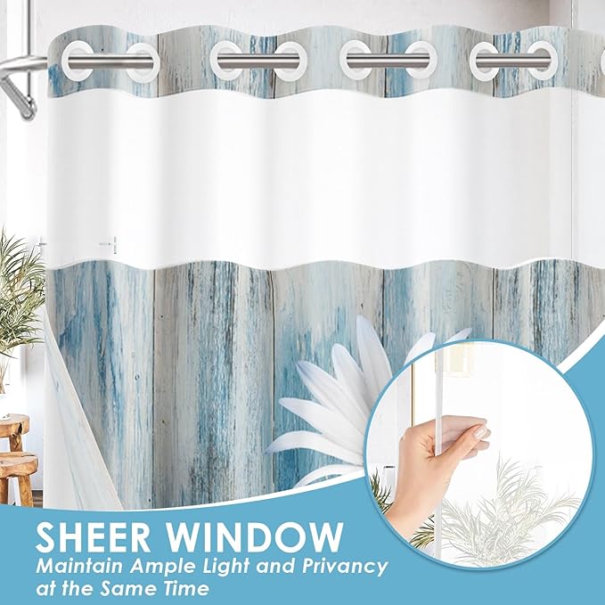 No Hook Blue Daisy Shower Curtain with Snap in Fabric Liner Set, Wooden Boards Double Layers Waterproof Fabric with See Through Top Window Open Grommet Bath Curtain 71x86 Inch
