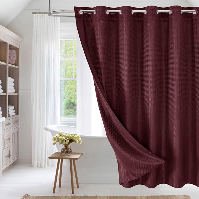 MitoVilla No Hooks Needed Extra Long Shower Curtain Liner Set, Burgundy 86 inch XL Heavyweight Waffle Fabric Cloth Shower Curtains Set with Snap-in Liner for Modern Luxury Hotel & Spa Bathroom Decor