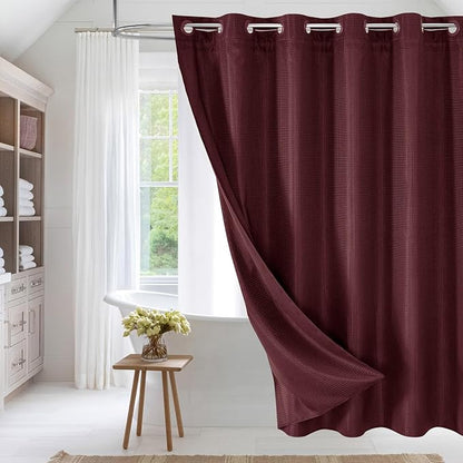 MitoVilla Burgundy Long Shower Curtain Liner Set 72 x 80, No Hooks Needed 80 inch Long Heavyweight Waffle Fabric Shower Curtain Set with Snap-in Liner for Hotel Grade Spa-Like Bathroom Decor, Burgundy