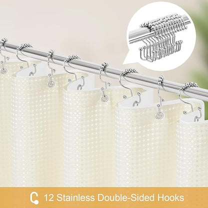 3 in 1 Long Cream Shower Curtain Set-72 W x 78 H, Ivory Waffle and PEVA Liner Set with 12 Stainless Steel Hooks, Waterproof Fabric for Bathroom