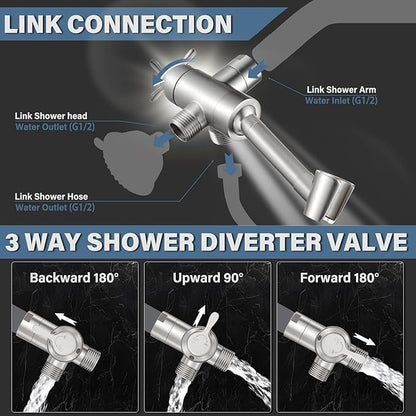 All Metal Shower Diverter Valve with Handshower Holder, YDmeet Upgraded 3 Way Shower Head Diverter for Handheld and Fixed Rain Showerhead, Universal G1/2 shower Diverter Bathroom Part, Brushed Nickel
