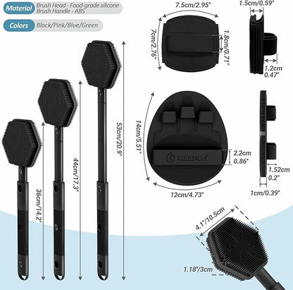Silicone Back/Face Scrubber & Bath Glove Set 3PCS, Extendable Back Scrubber with Dual-Side Large Head, 360° Anti-Slip Bath Glove, Unique Side-bristle Face Scrubber for All-round Cleaning(Black)