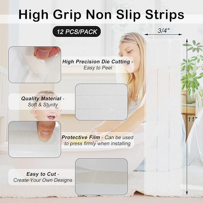 S&X Non-Slip Stickers for Bathtubs & Showers 24-Pack Waterproof Safety Strips, 3/4" x 11" - Fine Grit Grip for Anti-Skid Protection - Clear Adhesive Safety for Shower and Tub