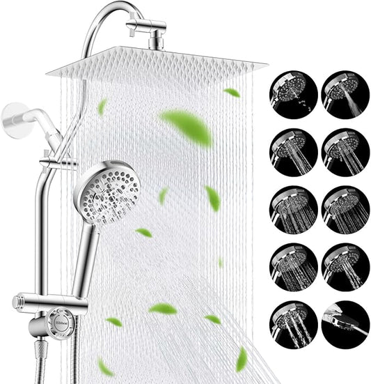 Hibbent cUPC Certified All Metal 12" Rainfall Showerhead Combo, High Pressure Shower Head with 10-Spray Mode Handheld, Innovative 4-way Diverter with Pause Mode, 71'' Shower Hose and Holder, Chrome