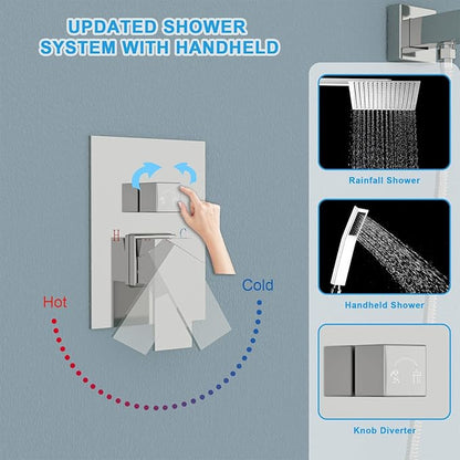 Lordear Rain Shower System Wall Mounted Shower Faucet Set - 12 Inch Stainless Steel Shower Head Handle Set and Solid Brass Valve, Chrome Polished Finish