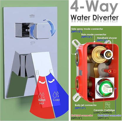 ENGA Shower System with Tub Spout, Bathtub Shower Faucet Combo Set - 10" & 6" Square Rain Shower Heads with 2 in 1 Handheld Spray, 4 Way Water Diverter, Chrome