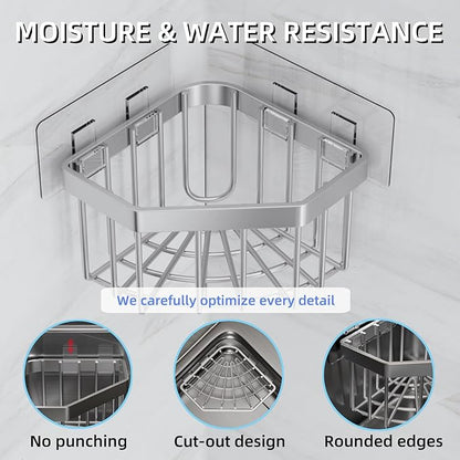 Wall Mounted Sink Caddy Organizer, Carbon Steel Kitchen Sponge Holder with 2 Adhesive Hooks, Triangular Drain Rack, 5.27x5.27x3.54 Inch (Black)