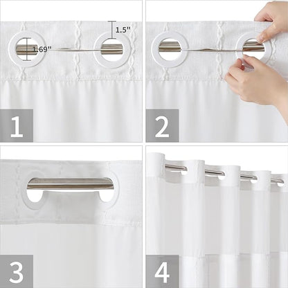 No Hook Long Shower Curtain Set with Snap-in Fabric Liner,Linen Ultra Thick Fabric with Tassels,Boho Chic Modern Farmhouse Country Neutral Cloth Shower Curtains for Bathroom,White,71x80