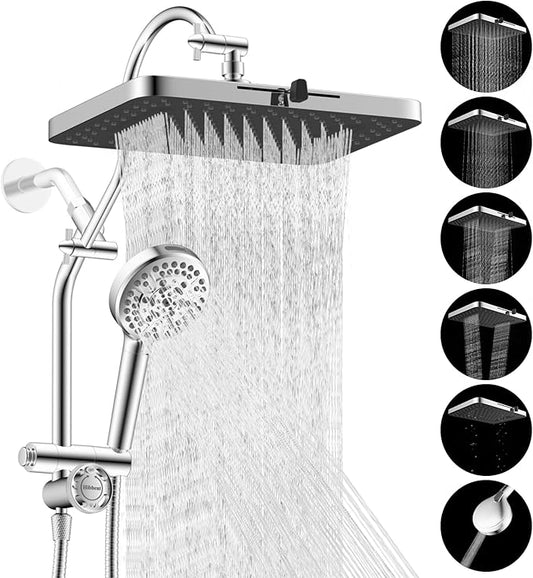 Hibbent cUPC Certified 13'' Shower Head Combo, High Pressure 5 Spray Rainfall Showerhead, 10 Spray Mode Handheld, All Metal Easy Reach 4-way Diverter Arm with Pause Mode, 71'' Hose and Holder, Chrome