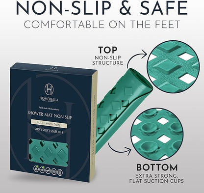 homerella® Shower Mat Non Slip Anti Mold, Non Slip Shower Mats for Inside Shower Stall Anti Slip Mat, Square Shower Floor Mat 21 x 21 in with Suction Cups & Hooks for Quick Drying, Machine Washable