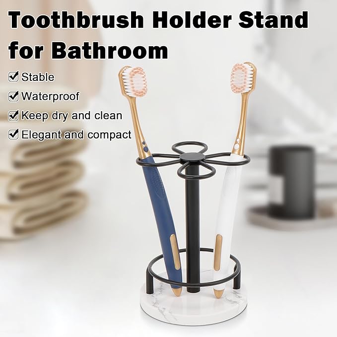 HarJue Toothbrush Holder Stand for Bathroom, Metal Toothbrush Organizer with Marble Base, Toothbrush Storage Collection for Family, Suitable for Home Hotel Countertop Vanity (Small, Matte Black)