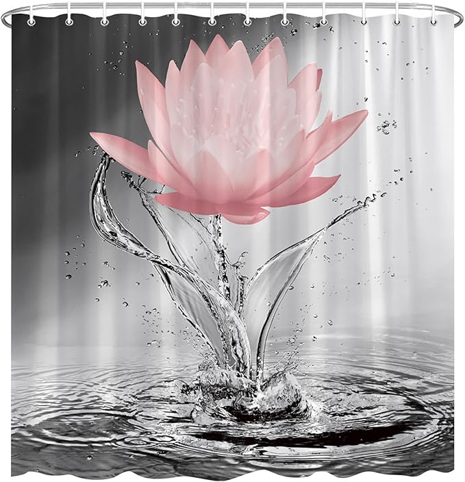 Lotus Shower Curtain Black White Grey Red Flower Elegant Blooming Floral with Dew Spring Flower Reflection on Water Modern Romantic Polyester Fabric Bathroom Decor 70×96 Inch with Hook