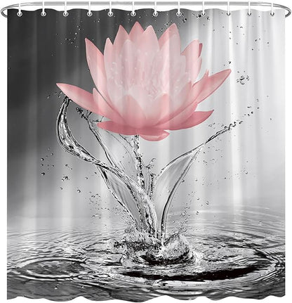 Lotus Shower Curtain Black White Grey Red Flower Elegant Blooming Floral with Dew Spring Flower Reflection on Water Modern Romantic Polyester Fabric Bathroom Decor 70×96 Inch with Hook
