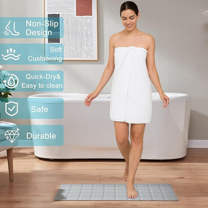 Non-Slip Bath Mat for Tub & Shower：Silicone Foldable Bathtub Mat with Strong Suction Cups, Quick Drain Holes, Machine Washable Extra Large Bathroom Mats 35.8" x 17.7", Grey
