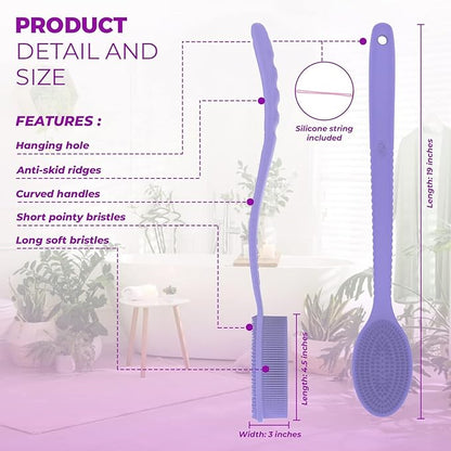Silver Infused Long Handle Back Scrubber - 19 inch Premium Extended Reach Body Brush - Avilana Advanced Material Bath Tool Easy Grip - Luxury Body Wash Brush Gift
