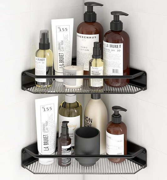Corner Shower Caddy, 2 Pack Adhesive Bathroom Shelves，Acrylic Shower Shelf Rack, No Drilling Bathroom Organizers and Storage Racks,Black