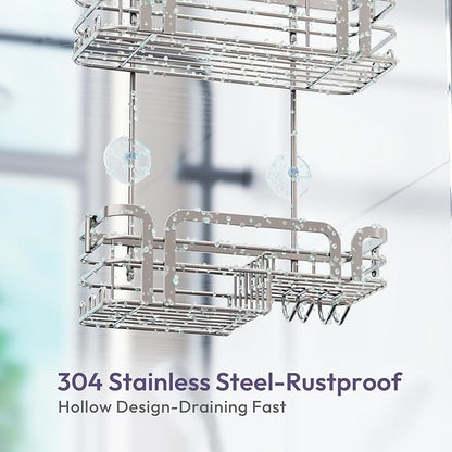 SWTYMIKI Shower Caddy Hanging Organizer - Over the Door Shower Caddy with Soap Holder, 11 Hooks, 2 Installation Ways, Stainless Steel Rustproof Bathroom Organizer, Sand Nickel