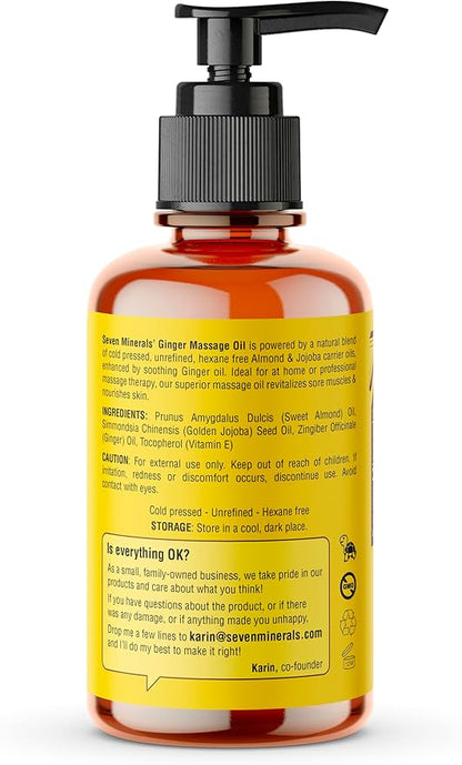 Seven Minerals Ginger Massage Oil for Lymphatic Drainage Massage Therapy - 4 oz - Warming and Ultra Relaxing - Therapeutic Grade Essential Oils Soothes Tired Muscles & Relaxes Mind and Body
