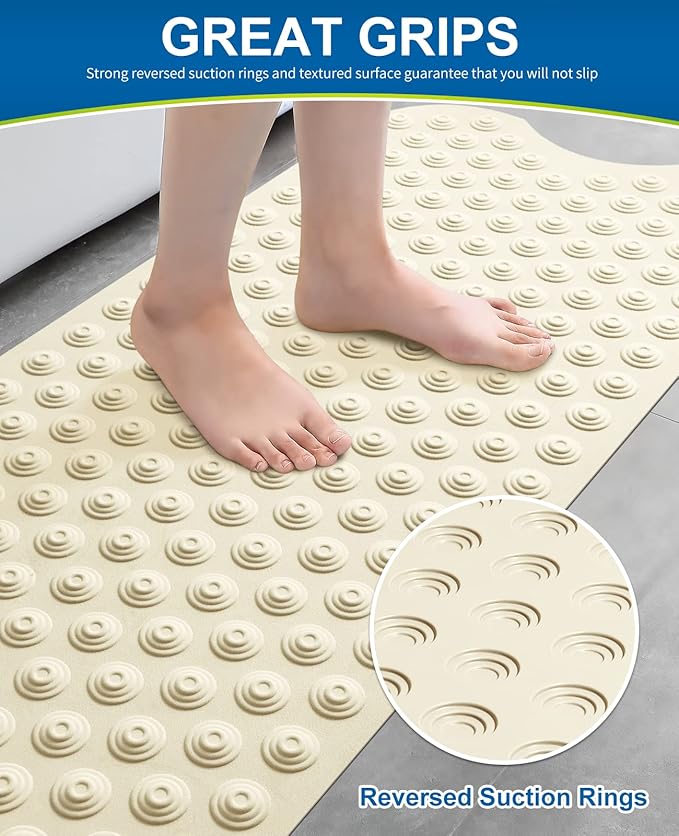 Bligli Bathtub Mat Non-Slip Without Suction Cups, 39x16inch Extra Long Bath Mats for Shower Bathroom, Machine Washable Natural Rubber Shower Tub Mat (39x16inch, Beige)