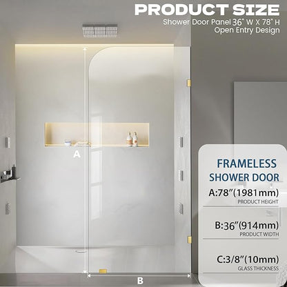 Frameless Shower Door, 36" W ×78" H Fixed Shower Glass Panel with Clamps, 3/8" (10mm) Glass Shower Doors, Clear Tempered Bathroom Shower Screen in Brushed Gold