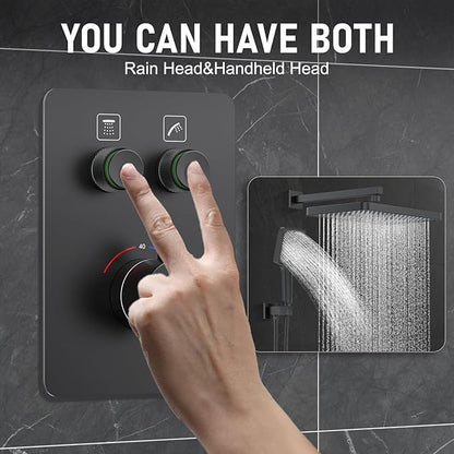 Thermostatic Shower System 13-Inch Rainfall Shower Head - 3 Setting Handheld Sprayer, Complete Bathroom Set with Faucet Mixer Trim Kit & Valve Matte Black