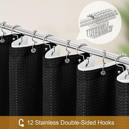3 in 1 Shower Curtain Set, Black Waffle Shower Curtain and PEVA Liner Set with 12 Stainless Steel Shower Curtain Hooks, Waterproof Fabric Shower Curtains for Bathroom, 72 W x 72 H