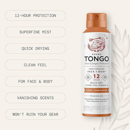 Citrus + Sandalwood Insect Repellent, 12-Hour Mosquito & Tick Protection, Picaridin-Based, Water-Based, Lightweight, Quick-Drying, Vanishing Scent, DEET Alternative, Face & Body Use,3 Pack