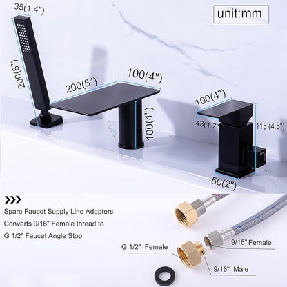 Roman Tub Faucet with Hand Shower, Matte Black Deck Mount Waterfall Tub Faucet High Flow 3 Hole Bathtub Faucets Sets