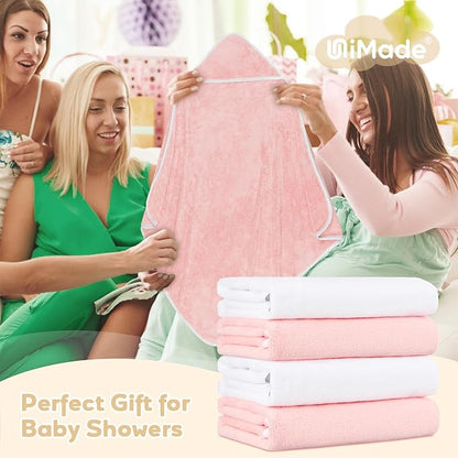 Hooded Towel for Newborn, 4 Pack Soft Coral Fleece Baby Towels, Ultra Absorbent Bath Cloths Bulk for Infants, Toddlers, Newborn Essential- 30 x 30 inch - Pink & White