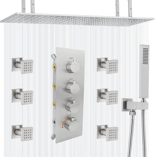 16X32 Inch Ceiling Mount Large Rainfall Shower System Thermostatic Multi Jet Shower Faucet System Luxury Massage Shower Fixtures Set with 6 Body Spray Jets, Run All at the Same Time (Brushed Nickel)