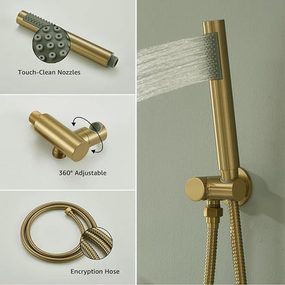 Iriber Brushed Gold Shower System Wall Mounted Shower Faucet Mixer Set with 10 Inches Rain Shower head and Handheld, Bathroom Shower Trim Kit Contain Pressure Balance Valve Cartridge