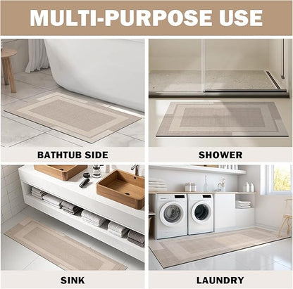 Non Slip Long Bath Mat Bathroom Runner, Rubber Backing Ultra Thin Bathroom Rugs Fit Under Door Quick Dry Super Absorbent Washable Bath Rug Shower Mat for Bathtub Sink Floor, Beige 17"x47"
