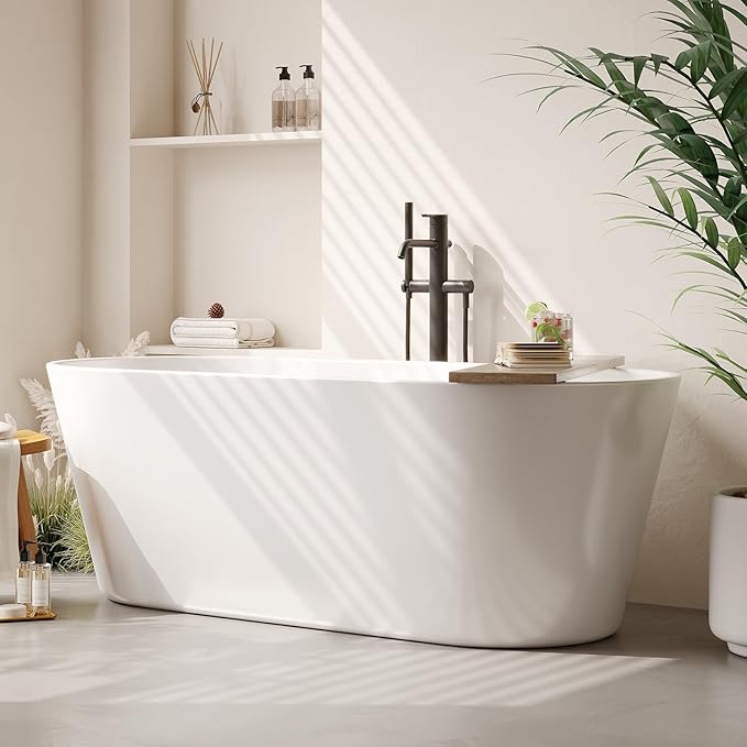 59 in Acrylic Freestanding Bathtub, Contemporary Stand Alone Tub,Glossy White Soaking Tub, Oval Bathtub with Chrome Overflow and Drain,CUPC Certified